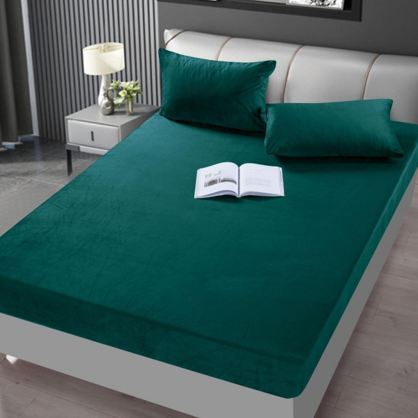 Husa de pat si 2 fete de perne din catifea, uni, cu elastic, pat 2 persoane, verde inchis, HTC-14