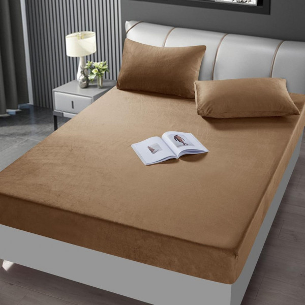 Husa de pat si 2 fete de perne din catifea, uni, cu elastic, pat 2 persoane, maro, HTC-19 - Img 1