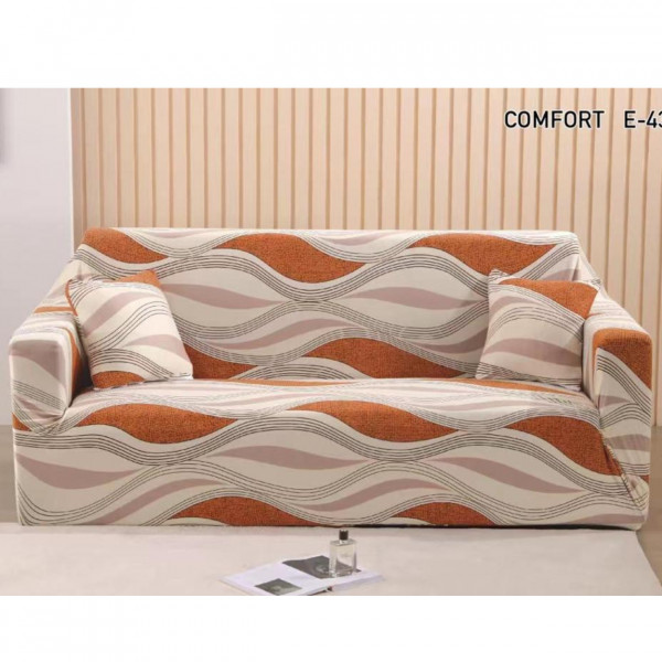 Husa Elastica Moderna pentru Canapea 2 locuri + 1 Fata de Perna CADOU, cu Brate, Crem / Portocaliu, HES2-62