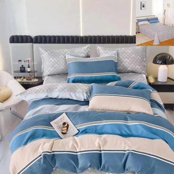 Lenjerie de pat cu 2 fete, tesatura tip finet, pat 2 persoane, 6 piese, albastru inchis, R60-506