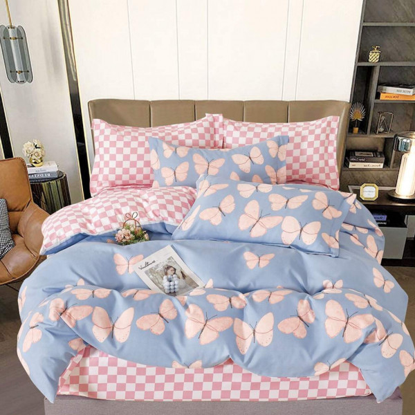 Lenjerie de pat cu 2 fete, tesatura tip finet, pat 2 persoane, 6 piese, roz / bleu, R60-526