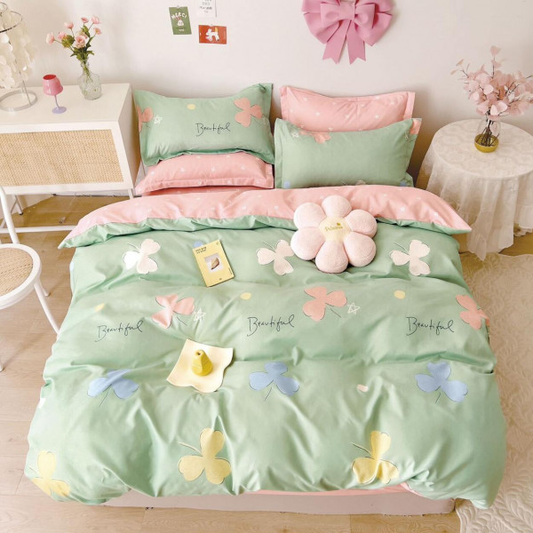 Lenjerie de pat cu 2 fete, tesatura tip finet, pat 2 persoane, 6 piese, verde / roz, R60-520