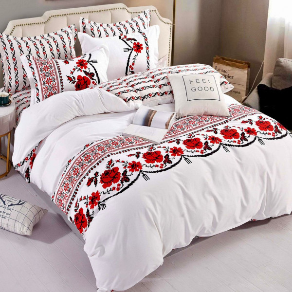 Lenjerie de pat cu elastic, bumbac tip finet, pat 2 persoane, alb / rosu, 6 piese, FNJE-77