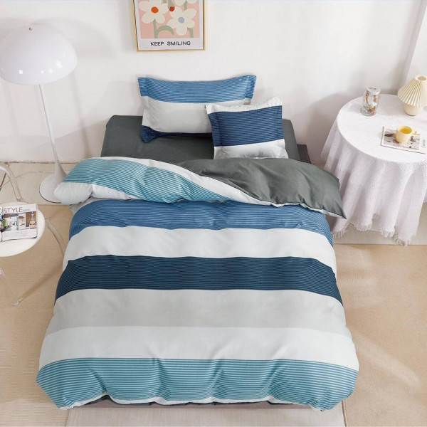 Lenjerie de pat cu elastic, tesatura tip finet, pat 1 persoana, 4 piese, alb / albastru, T60-116