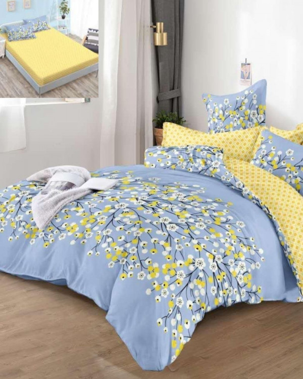 Lenjerie de pat cu elastic, tesatura tip finet, pat 2 persoane, 6 piese, albastru / galben, FNE-06