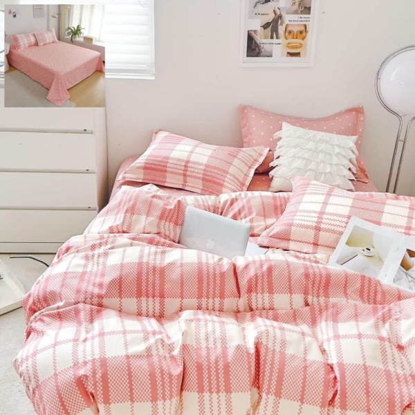 Lenjerie de pat cu elastic, tesatura tip finet, pat 2 persoane, 6 piese, alb / roz, T275 - Img 1