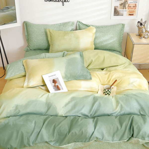 Lenjerie de pat cu elastic, tesatura tip finet, pat 2 persoane, verde fistic, 6 piese, T254 - Img 1