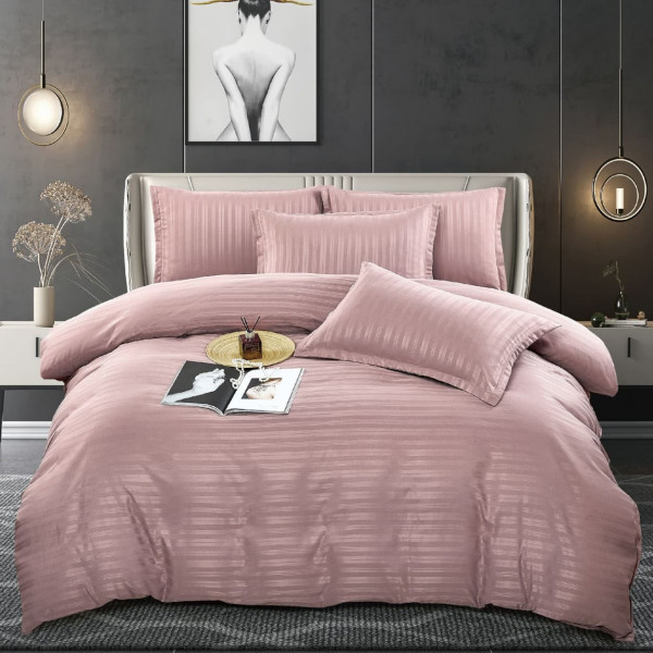 Lenjerie de pat, damasc, roz pal, 6 piese, pat 2 persoane, Jo-Jo, DM-066 - Img 1