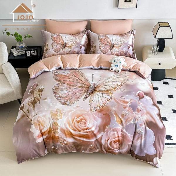 Lenjerie de pat din finet 4 piese 🦋 Roz Pudră | Imprimeu digital 5D Fluture & Trandafiri | JOJO HOME | Pat 1 persoană