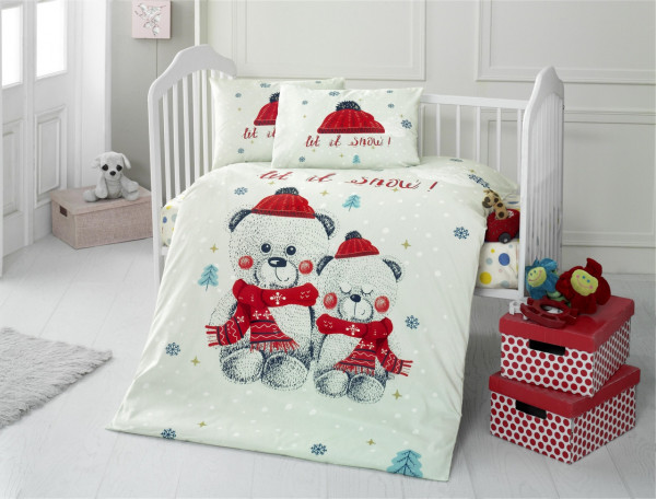 Lenjerie de pat pentru copii, Patik, Snow, 100% bumbac ranforce, 4 piese, rosu/alb/gri