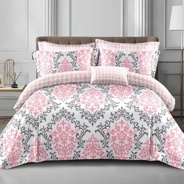 Lenjerie de pat policoton cu elastic dubla, alb / roz, 4 piese, E-58