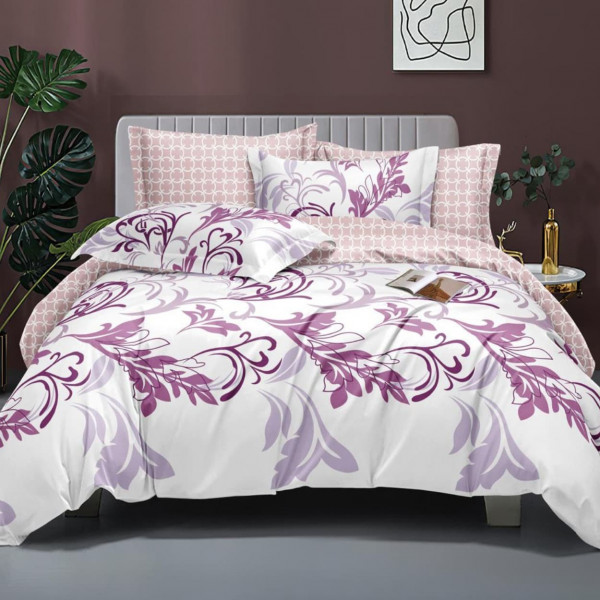 Lenjerie de pat policoton cu elastic dubla, roz / lila, 4 piese, E-52