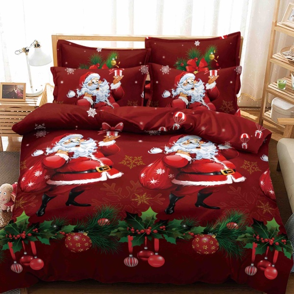 Lenjerie Finet 4 Piese | Model Moș Crăciun pe Fundal Roșu | Pat 1 Persoană | Jojo Home