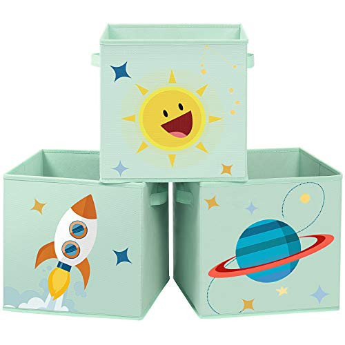 Set 3 cutii de depozitare pentru copii, 30 x 30 x 30 cm, textil, verde, Songmics