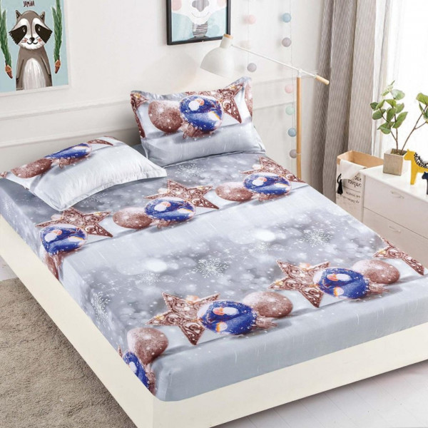 Set husa de pat Mos Craciun cu elastic si 2 fete de perna, bumbac tip finet, 3 piese, pat 2 persoane, gri / albastru, HBFC-24
