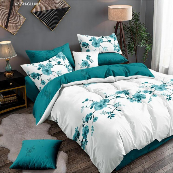 Set Lenjerie de Pat, Bumbac Tip Finet Satinat, 6 Piese, Pat 2 Persoane, Alb / Turquoise, FNY-53