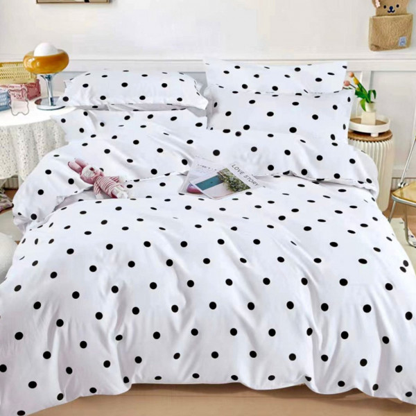 Set Lenjerie de Pat cu Elastic, Bumbac Tip Finet, 6 Piese, Pat 2 Persoane, Alb, Black Dots, FNJE-89