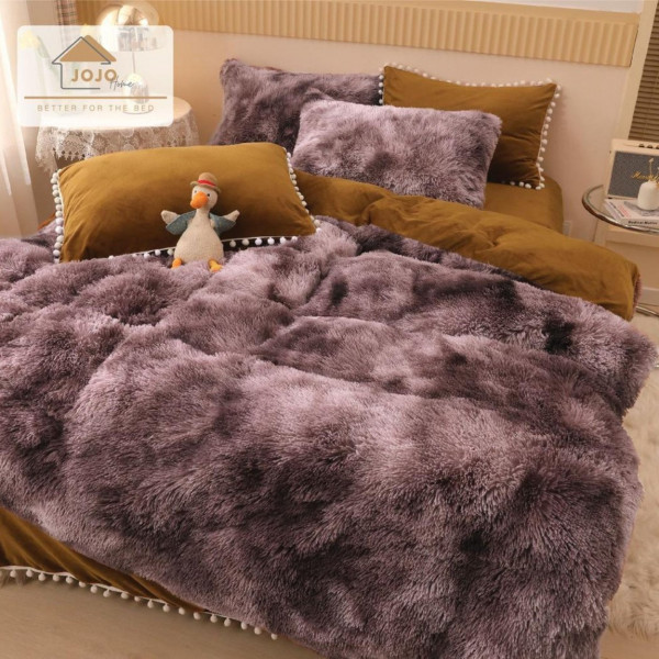 Set Lenjerie de Pat Dublu, Fluffy 2 Tonuri, 6 Piese, Gri / Maro, LLJ-20