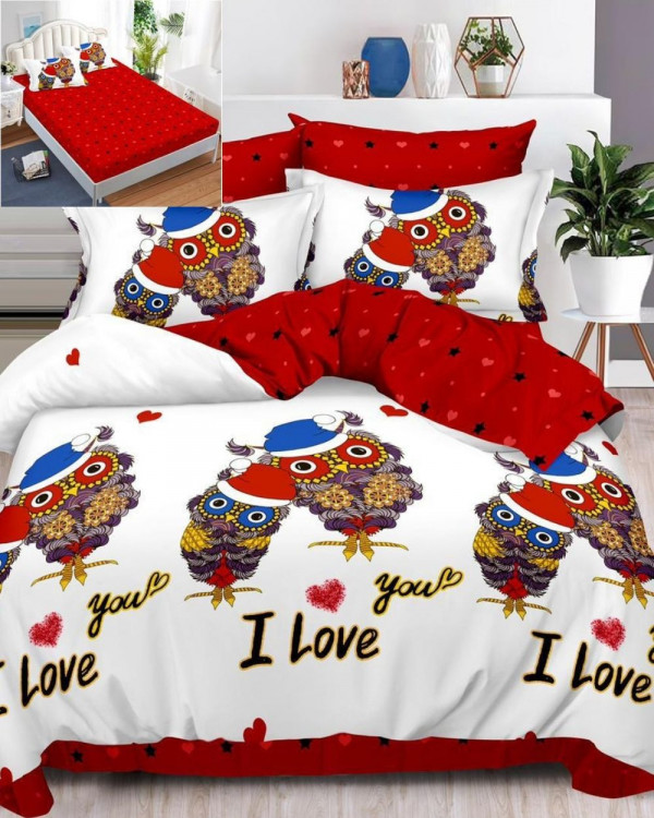 Set Lenjerie Finet, Cearceaf de Pat cu Elastic, 6 Piese, Pat 2 Persoane, Owl Love, FNE-138