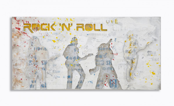 Tablou alb / gri din lemn de pin si panza, 120 x 3 x 60 cm, Rock N Roll Mauro Ferreti