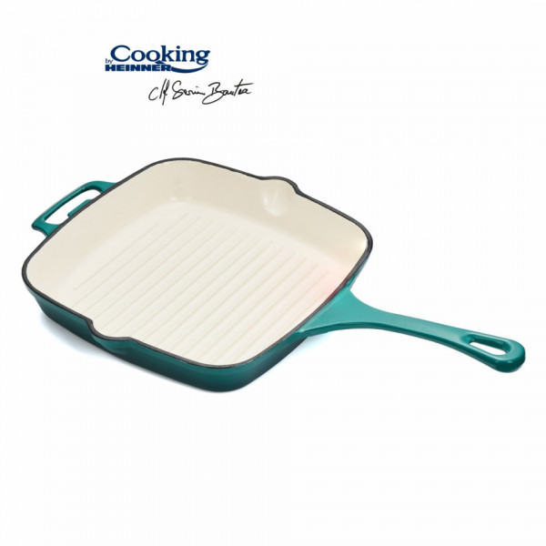 Tigaie grill emailata, Cooking by Heinner, 26.5 x 26.5 x 5 cm, fonta, bej si bleu - Img 1