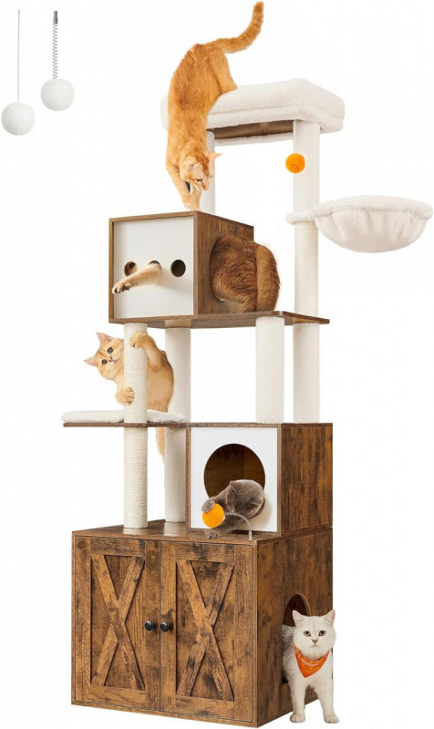 Ansamblu pentru pisici cu litiera, 60 x 52 x 185 cm, plus / PAL melaminat, maro / alb, Feandrea