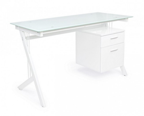 Birou de studiu alb din sticla temperata si metal, 130 cm, Scarlett Bizzotto