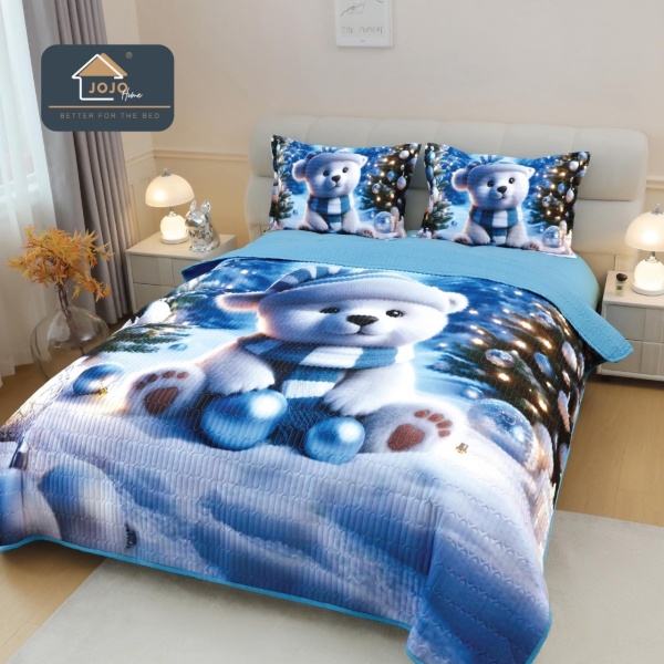 Cuvertură de Pat Matlasată 5D Crăciun Albastru | Ursuleț Polar | 3 Piese | Finet Catifelat | PatulMeu
