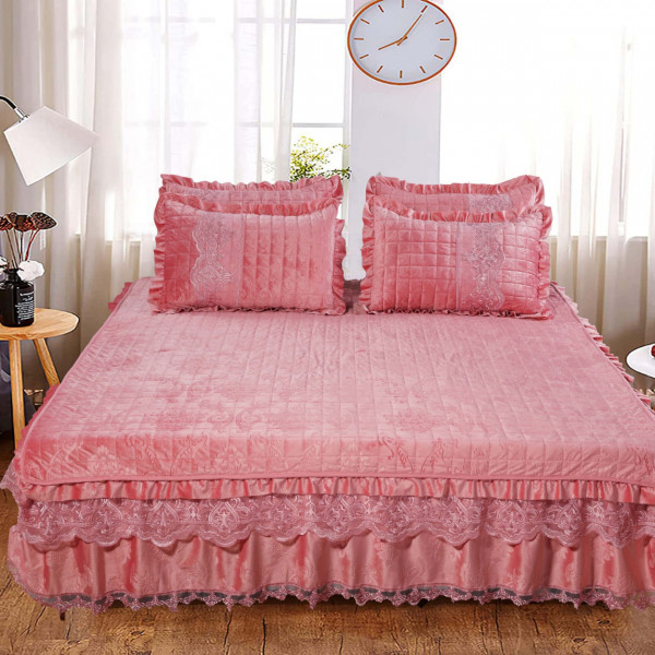 Cuvertura de pat si 2 fete de perna, catifea, pat 2 persoane, roz, CCC-99