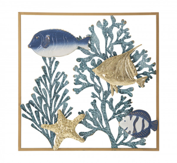 Decoratiune de perete albastra / aurie din metal, 50,1 x 3,8 x 50,1 cm, Fish Mauro Ferreti