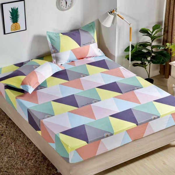 Husa de Pat cu Elastic si 2 Fete de Perna, Bumbac Tip Finet, 3 Piese, Pat 2 Persoane, Multicolor, Triangles, HBF-197