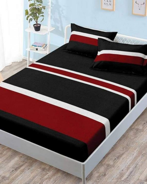 Husa de pat cu elastic si 2 fete de perna, bumbac tip finet, pat 2 persoane, rosu / negru, HBFJ-49