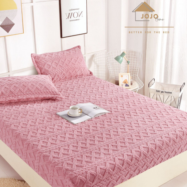 Husa de pat cu elastic si 2 fete de perna, Cocolino tip jacquard, Uni, pat 2 persoane, roz, HPC-10