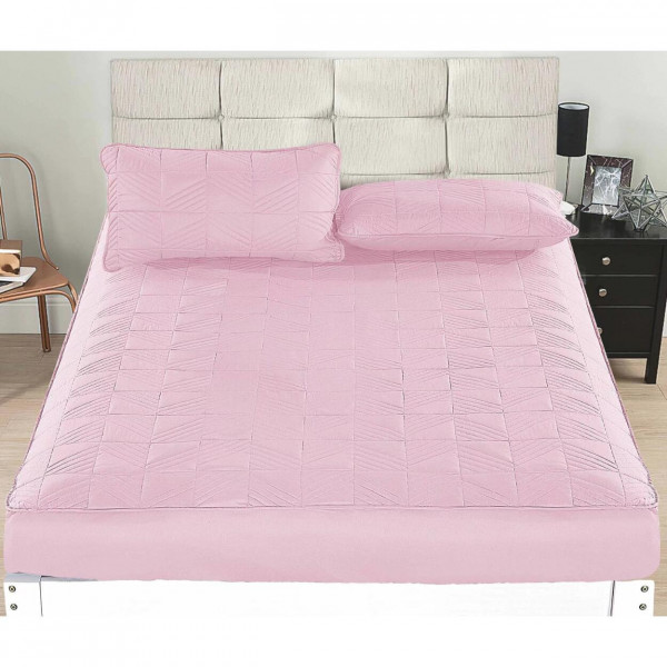 Husa de pat cu elastic si 2 fete de perna, policoton, pat 2 persoane, roz, HPEC-12 - Img 1