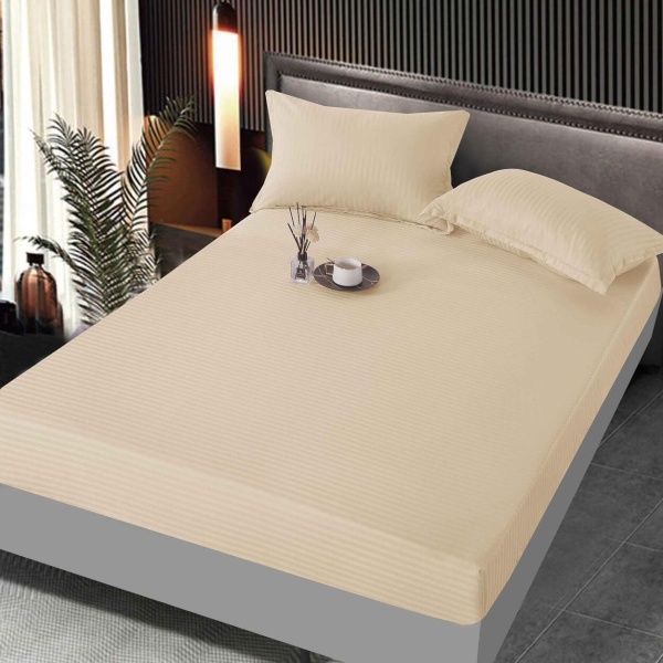 Husa de pat cu elastic si 2 fete de perna, tesatura tip Damasc, pat 2 persoane, crem, HBD-06 - Img 1