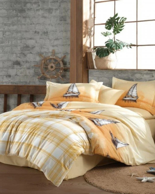 Lenjerie de pat bumbac 100% poplin, pat single, Hobby Home, alb / galben, HB1-45