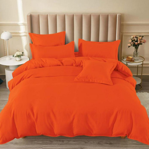 Lenjerie de pat, bumbac finet, cu elastic, uni, pat 2 persoane, portocaliu, 6 piese, FNE-168