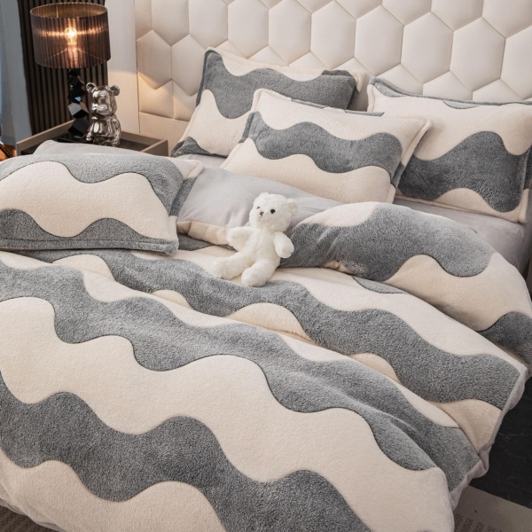 Lenjerie de pat Cocolino 4 piese cu model valuri gri și crem – 200x230 cm