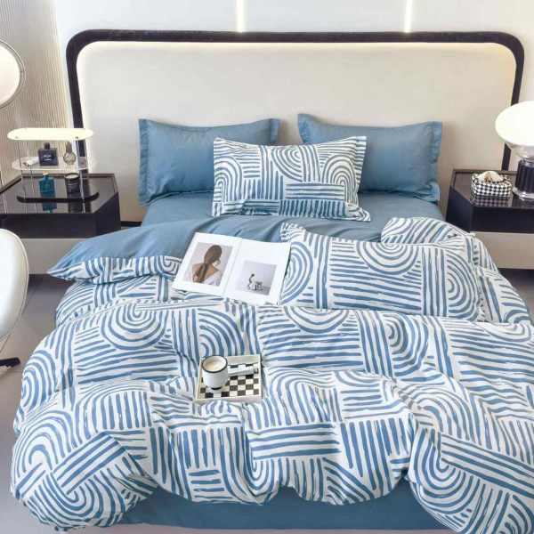 Lenjerie de pat cu 2 fete, tesatura tip finet, pat 2 persoane, 6 piese, alb / albastru, R60-524