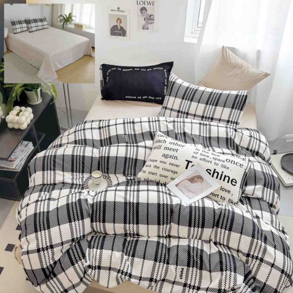 Lenjerie de pat cu 2 fete, tesatura tip finet, pat 2 persoane, 6 piese, alb / negru, R60-534