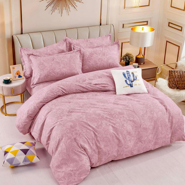 Lenjerie de pat cu 2 fete, tesatura tip finet, pat 2 persoane, roz, 6 piese, FNJ-382 - Img 1
