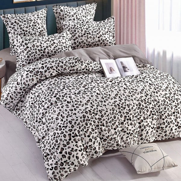 Lenjerie de pat cu elastic, bumbac tip finet, pat 2 persoane, alb / negru, 6 piese, FNJE-72