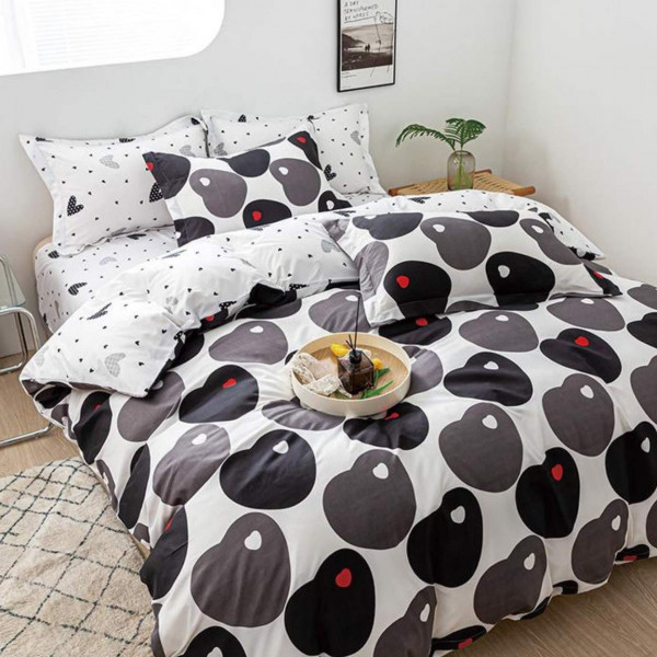 Lenjerie de pat cu elastic, policoton, pat 2 persoane, alb / negru, 4 piese, E-68