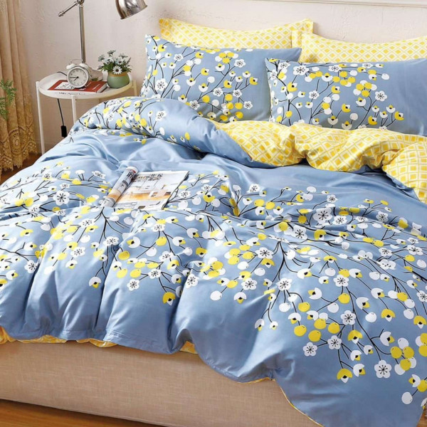Lenjerie de pat cu elastic, policoton, pat 2 persoane, bleu / galben, 4 piese, R4E-17