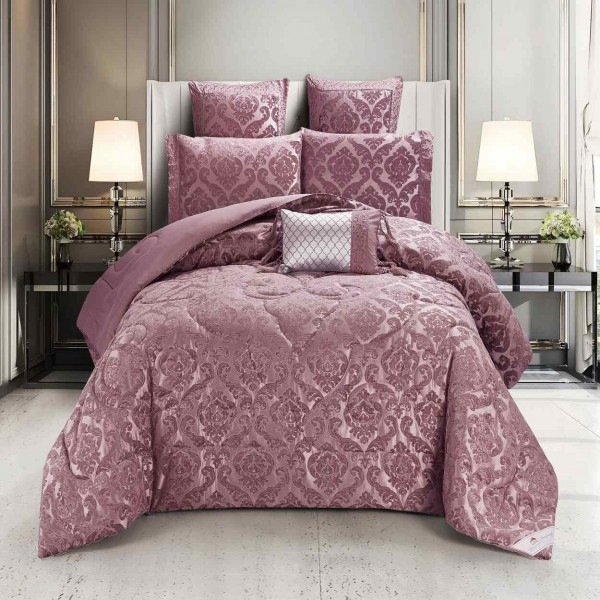 Lenjerie de pat cu elastic si pilota inclusa, bumbac tip jacquard, pat 2 persoane, 7 piese, roz inchis, LPJ-07