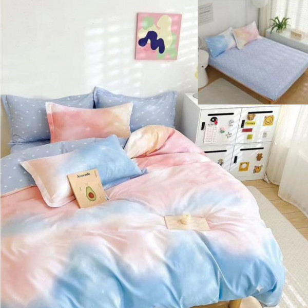 Lenjerie de pat cu elastic, tesatura tip finet, pat 2 persoane, 6 piese, albastru / roz, T238