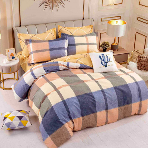 Lenjerie de pat cu elastic, tesatura tip finet, pat 2 persoane, crem / portocaliu, 6 piese, FNJE-126 - Img 1