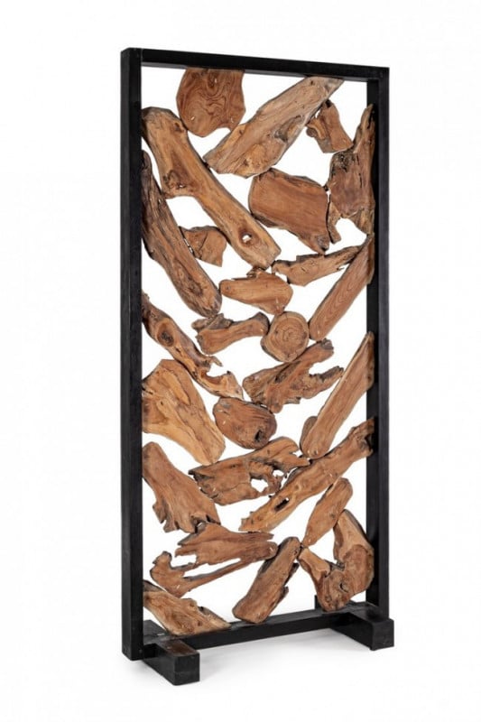 Paravan despartitor finisaj natural/negru din lemn de Teak, 100x40x200 cm, Grenada Bizzotto