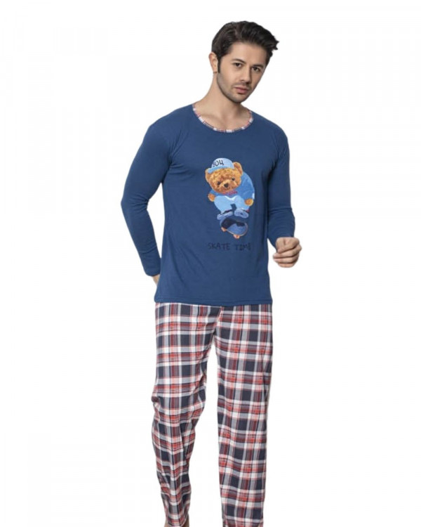 Pijama Barbati, Bumbac 100%, Bleumain / Alb, PB-70