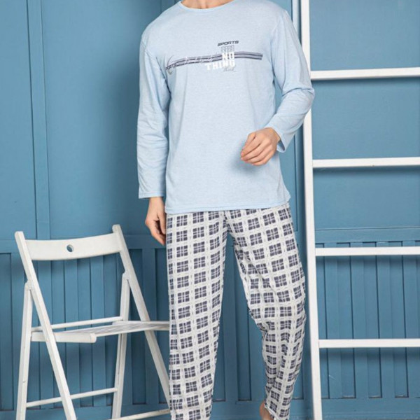 Pijama barbati, bumbac, alb / bleu, PB-73 - Img 1